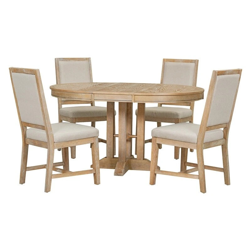 Ensemble de salle à manger 5 pièces, table ronde extensible et 4 chaises rembourrées, ensemble de salle à manger style ferme pour cuisine, salle à manger
