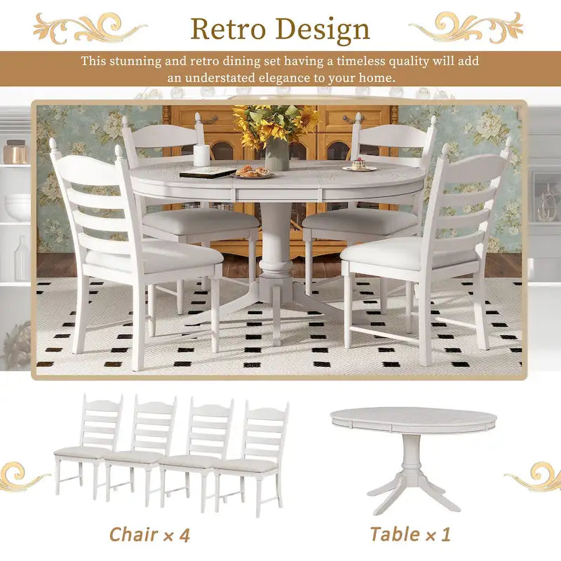 Ensemble de salle à manger 5 pièces Table ronde extensible et 4 chaises