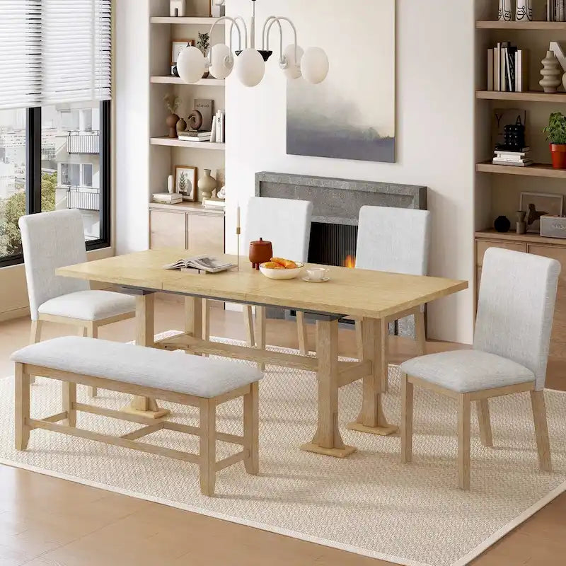 Ensemble de salle à manger 6 places avec table à rallonge 6 pièces style rustique avec base étagère