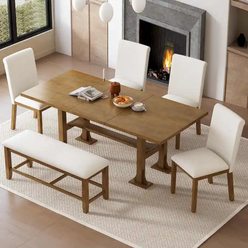 Ensemble de salle à manger 6 places avec table à rallonge 6 pièces style rustique avec base étagère