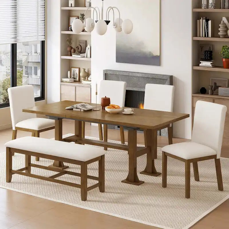 Ensemble de salle à manger 6 places avec table à rallonge 6 pièces style rustique avec base étagère