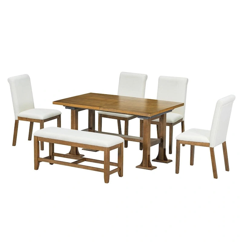 Ensemble de salle à manger 6 places avec table à rallonge 6 pièces style rustique avec base étagère