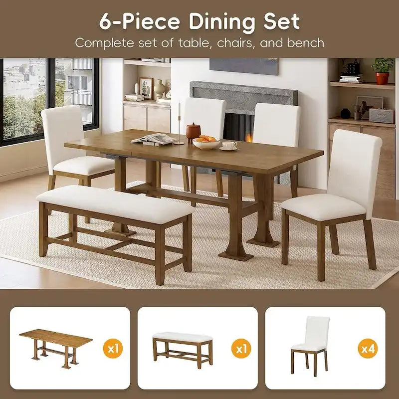 Ensemble de salle à manger 6 places avec table à rallonge 6 pièces style rustique avec base étagère