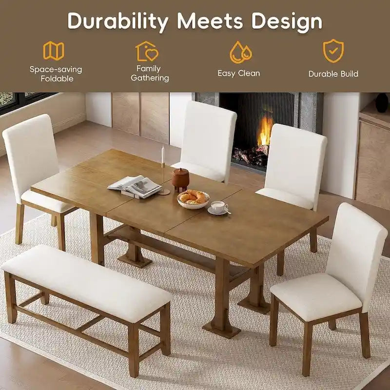 Ensemble de salle à manger 6 places avec table à rallonge 6 pièces style rustique avec base étagère