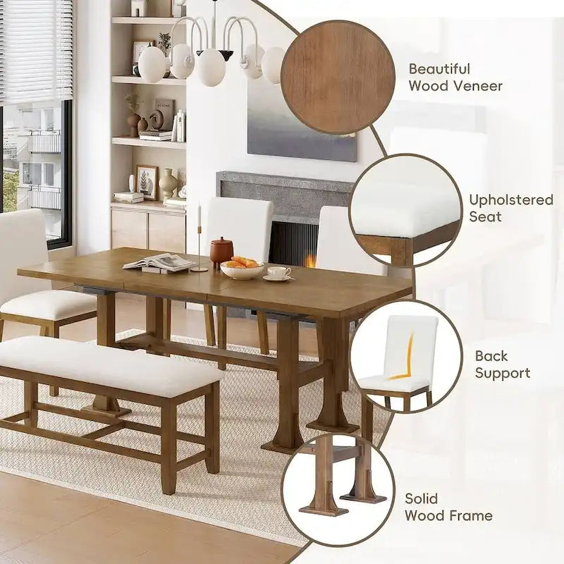 Ensemble de salle à manger 6 places avec table à rallonge 6 pièces style rustique avec base étagère
