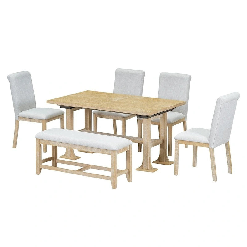 Ensemble de salle à manger 6 places avec table à rallonge 6 pièces style rustique avec base étagère