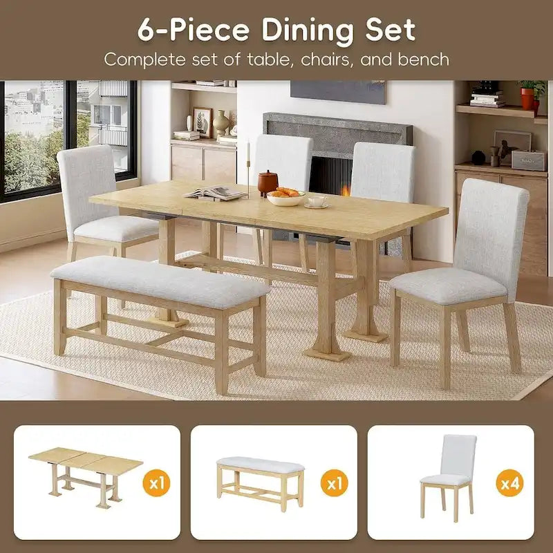 Ensemble de salle à manger 6 places avec table à rallonge 6 pièces style rustique avec base étagère