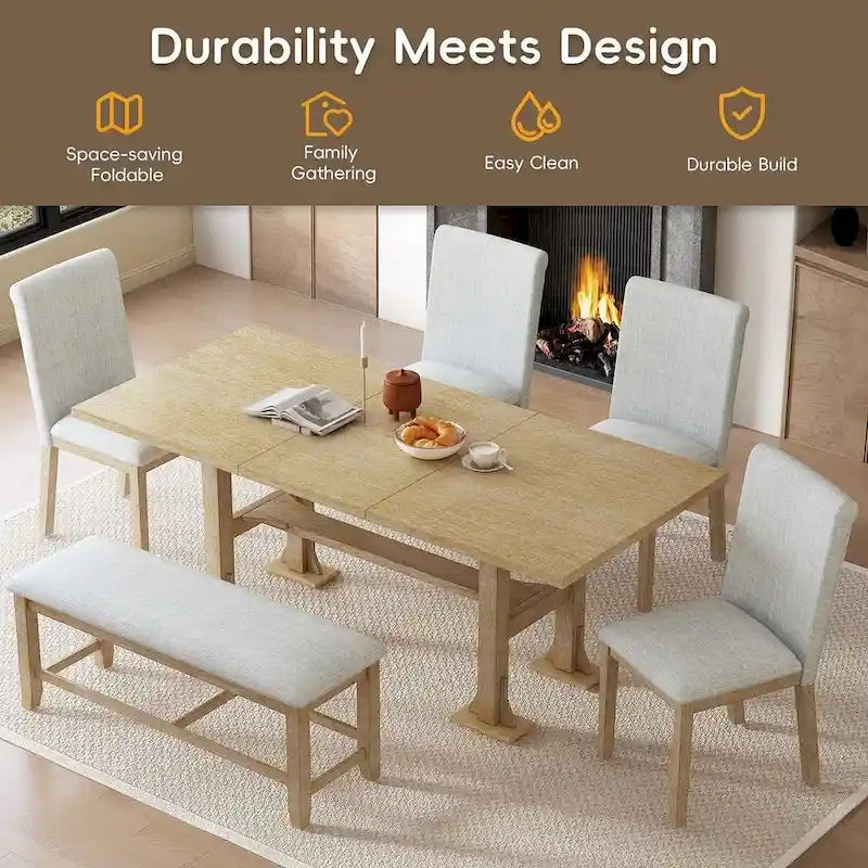 Ensemble de salle à manger 6 places avec table à rallonge 6 pièces style rustique avec base étagère
