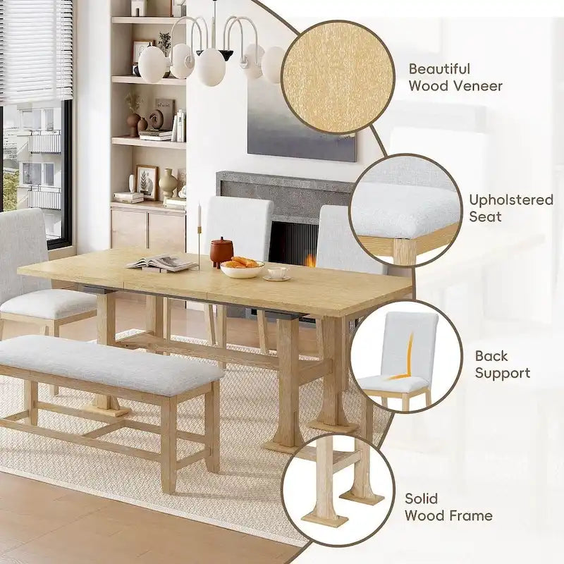 Ensemble de salle à manger 6 places avec table à rallonge 6 pièces style rustique avec base étagère