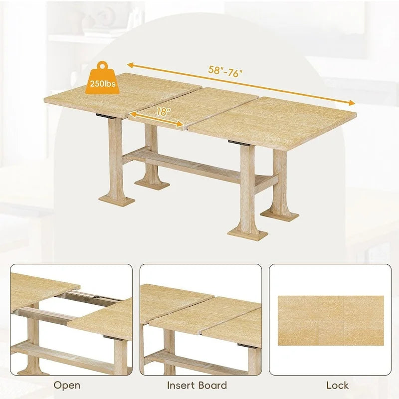 Ensemble de salle à manger 6 places avec table à rallonge 6 pièces style rustique avec base étagère