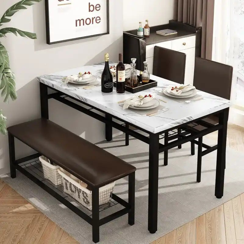 Ensemble de salle à manger moderne 4 pièces, table de cuisine en faux marbre avec banc et chaises en cuir PU pour cuisine, salle à manger
