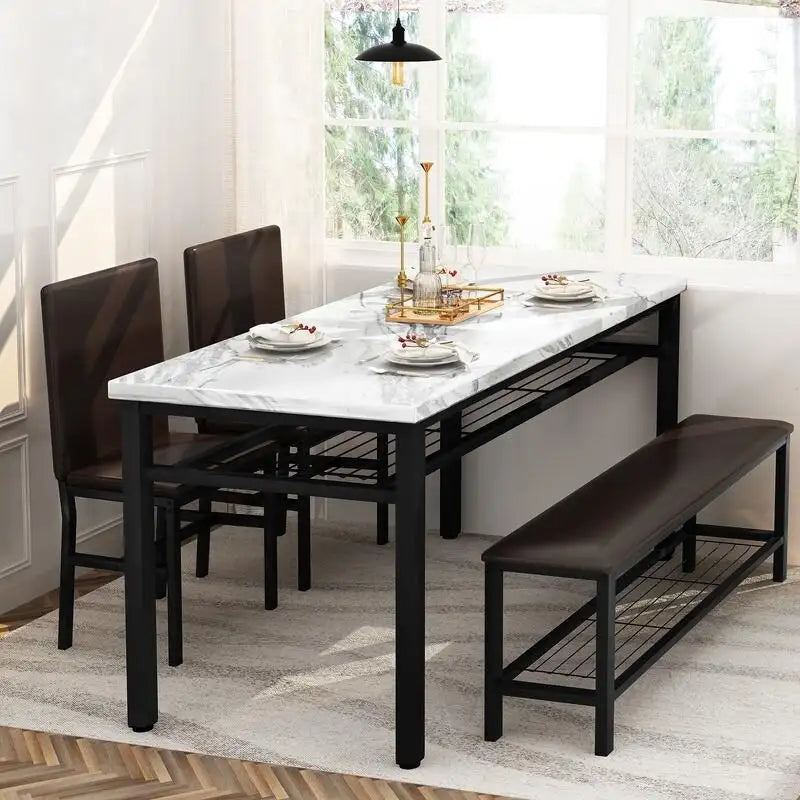 Ensemble de salle à manger moderne 4 pièces, table de cuisine en faux marbre avec banc et chaises en cuir PU pour cuisine, salle à manger