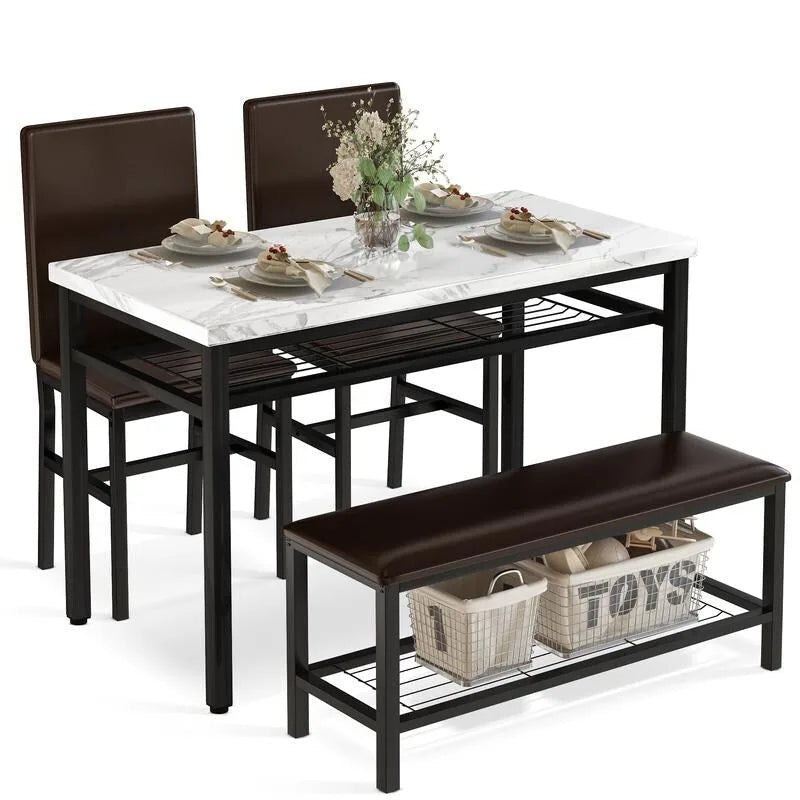 Ensemble de salle à manger moderne 4 pièces, table de cuisine en faux marbre avec banc et chaises en cuir PU pour cuisine, salle à manger