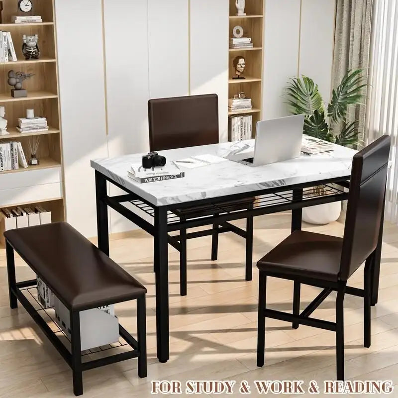 Ensemble de salle à manger moderne 4 pièces, table de cuisine en faux marbre avec banc et chaises en cuir PU pour cuisine, salle à manger