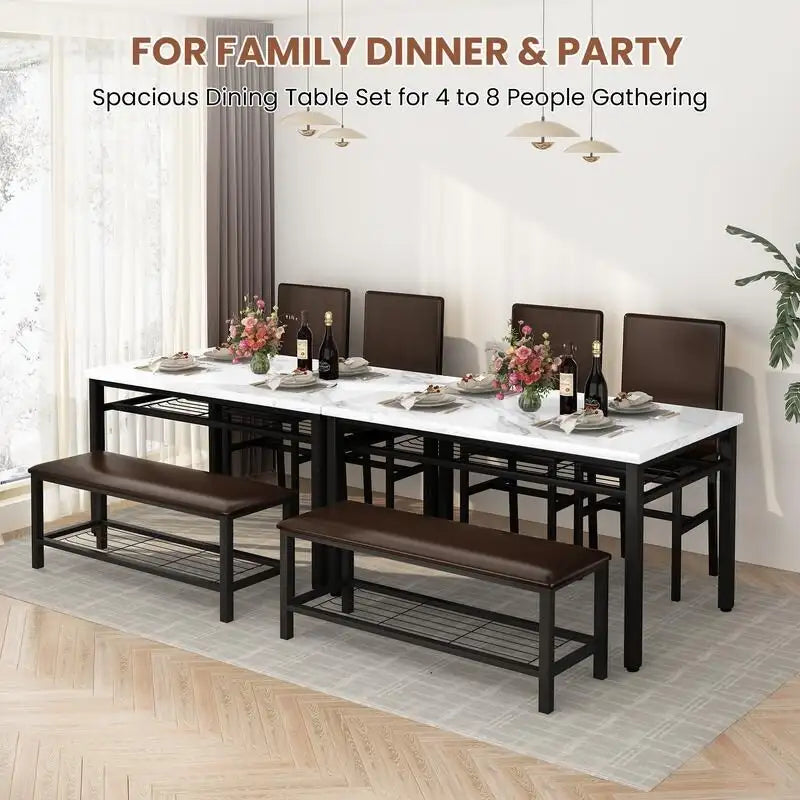 Ensemble de salle à manger moderne 4 pièces, table de cuisine en faux marbre avec banc et chaises en cuir PU pour cuisine, salle à manger