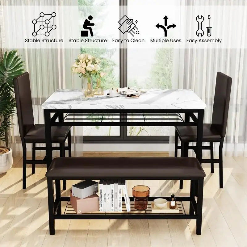 Ensemble de salle à manger moderne 4 pièces, table de cuisine en faux marbre avec banc et chaises en cuir PU pour cuisine, salle à manger