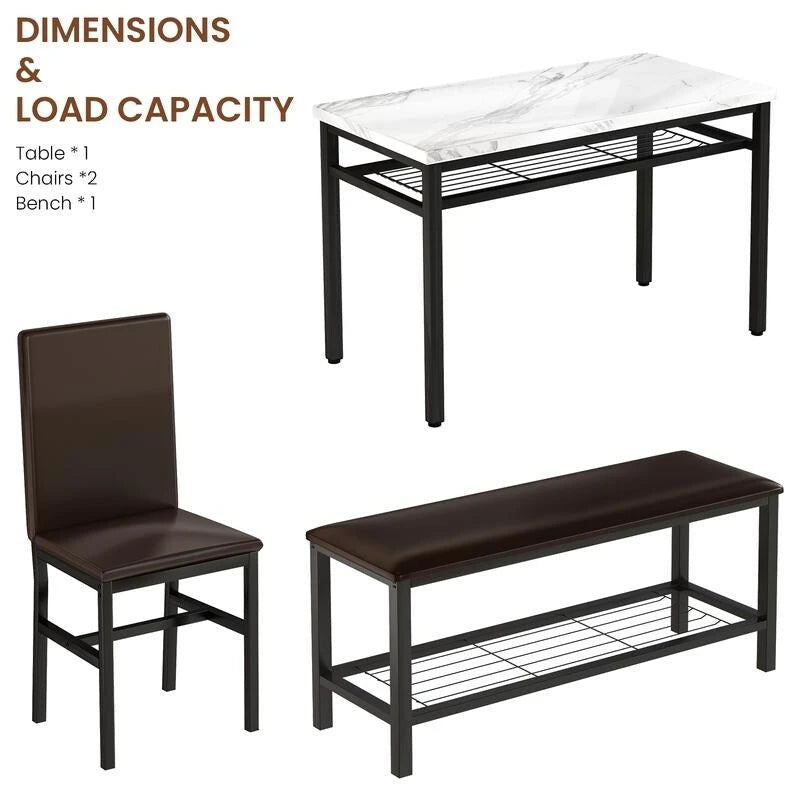 Ensemble de salle à manger moderne 4 pièces, table de cuisine en faux marbre avec banc et chaises en cuir PU pour cuisine, salle à manger