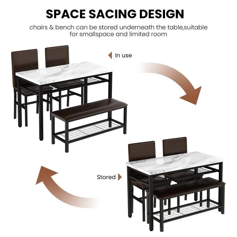 Ensemble de salle à manger moderne 4 pièces, table de cuisine en faux marbre avec banc et chaises en cuir PU pour cuisine, salle à manger