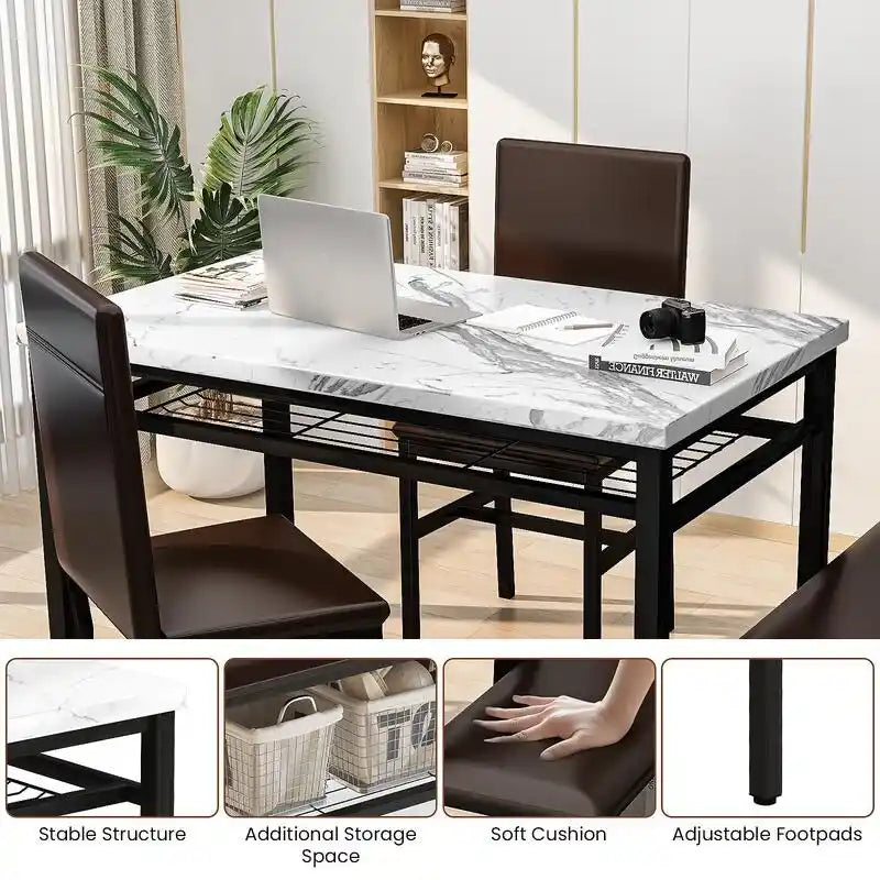 Ensemble de salle à manger moderne 4 pièces, table de cuisine en faux marbre avec banc et chaises en cuir PU pour cuisine, salle à manger