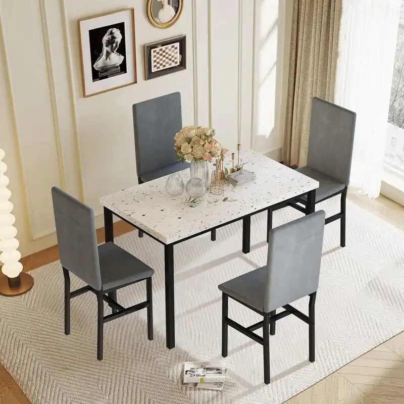 Ensemble de salle à manger 5 pièces moderne en faux marbre pour 4 personnes avec chaises en cuir PU, dinette pour petits espaces, coin petit-déjeuner