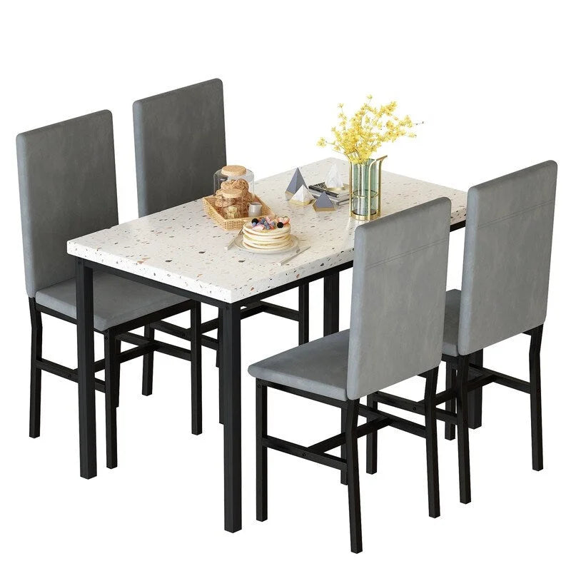 Ensemble de salle à manger 5 pièces moderne en faux marbre pour 4 personnes avec chaises en cuir PU, dinette pour petits espaces, coin petit-déjeuner