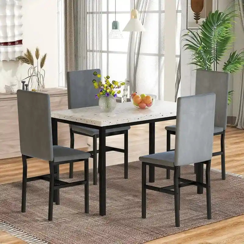 Ensemble de salle à manger 5 pièces moderne en faux marbre pour 4 personnes avec chaises en cuir PU, dinette pour petits espaces, coin petit-déjeuner