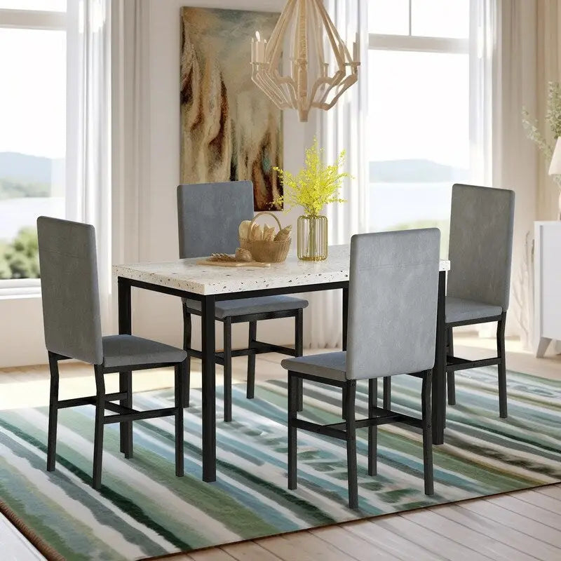Ensemble de salle à manger 5 pièces moderne en faux marbre pour 4 personnes avec chaises en cuir PU, dinette pour petits espaces, coin petit-déjeuner