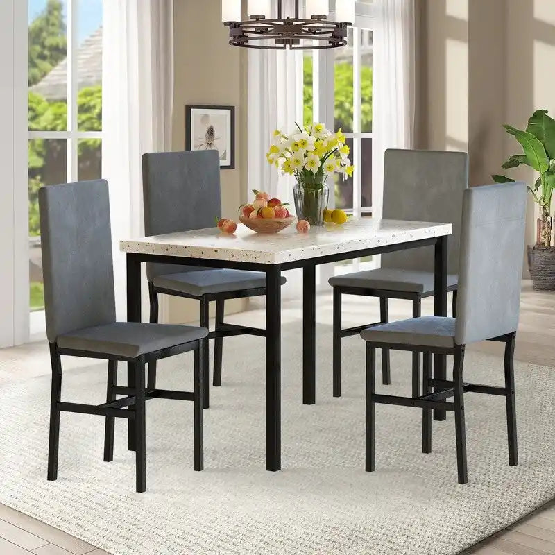 Ensemble de salle à manger 5 pièces moderne en faux marbre pour 4 personnes avec chaises en cuir PU, dinette pour petits espaces, coin petit-déjeuner