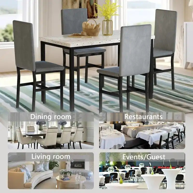 Ensemble de salle à manger 5 pièces moderne en faux marbre pour 4 personnes avec chaises en cuir PU, dinette pour petits espaces, coin petit-déjeuner