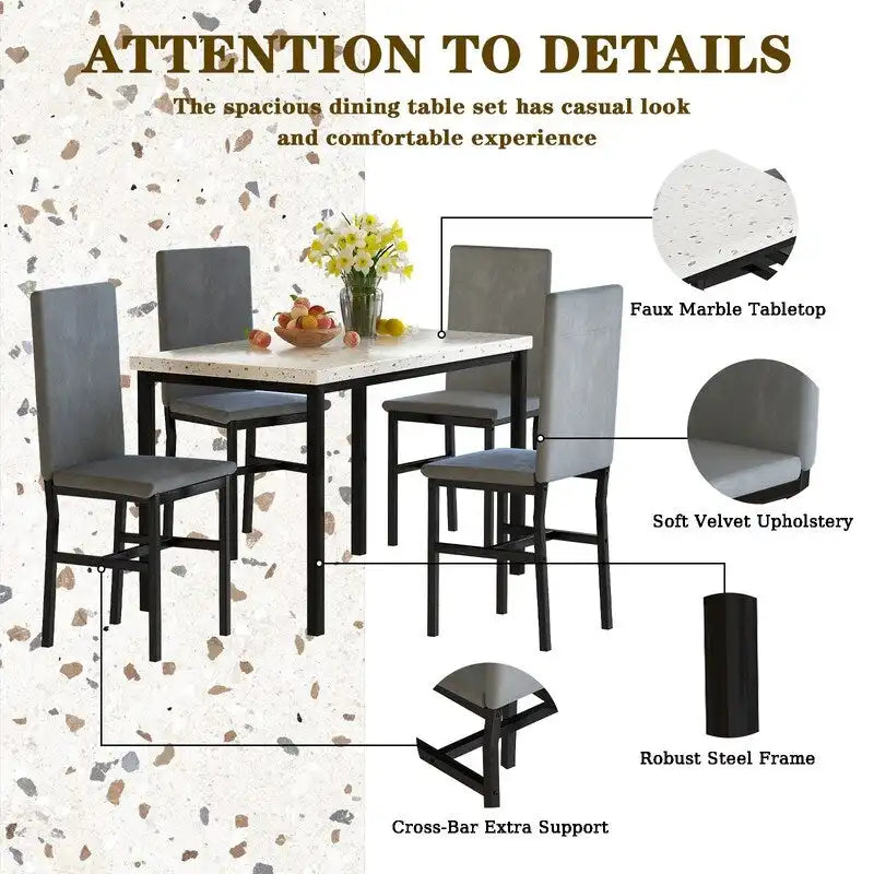 Ensemble de salle à manger 5 pièces moderne en faux marbre pour 4 personnes avec chaises en cuir PU, dinette pour petits espaces, coin petit-déjeuner