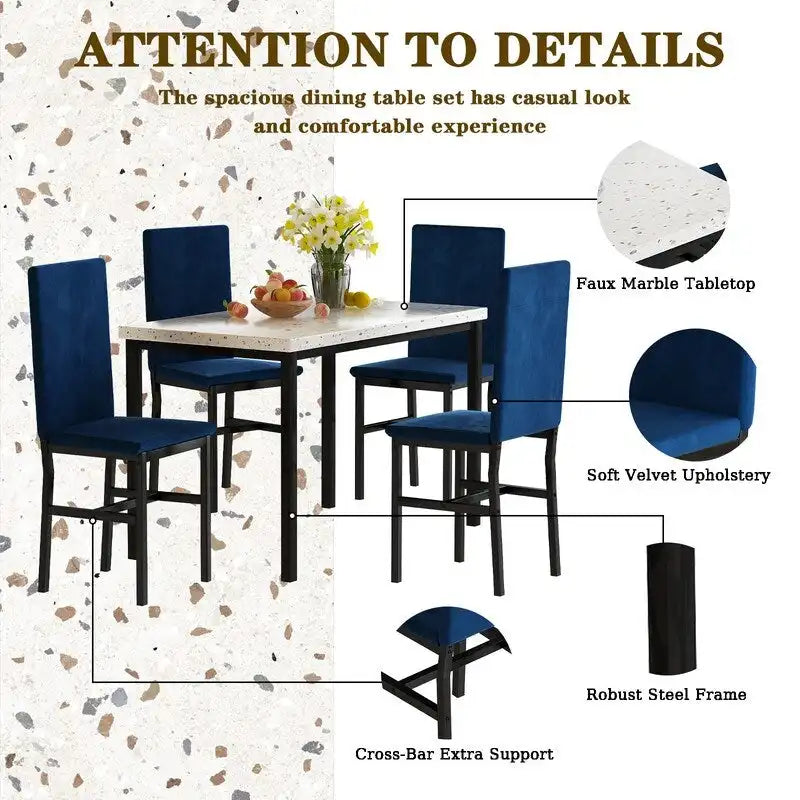 Ensemble de salle à manger 5 pièces moderne en faux marbre pour 4 personnes avec chaises en cuir PU, dinette pour petits espaces, coin petit-déjeuner