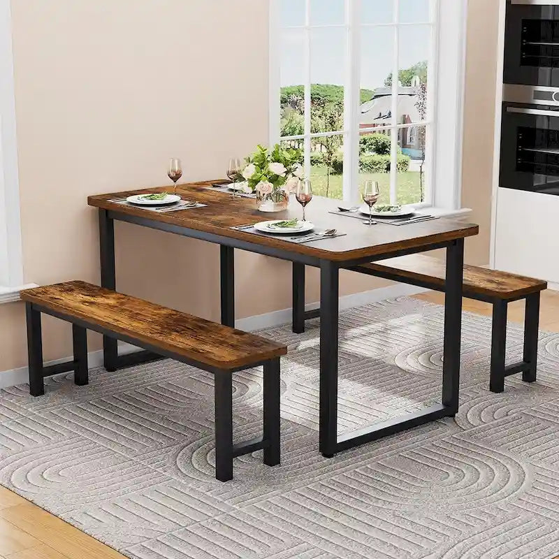 Ensemble table à manger de ferme avec 2 bancs, ensemble de 3 pièces