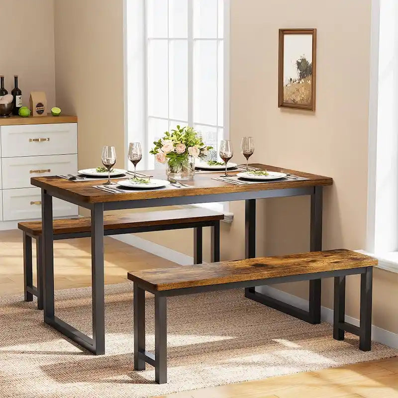 Ensemble table à manger de ferme avec 2 bancs, ensemble de 3 pièces