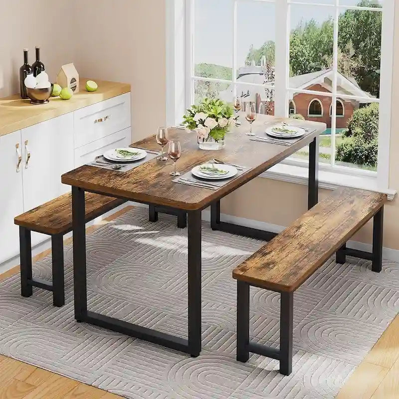 Ensemble table à manger de ferme avec 2 bancs, ensemble de 3 pièces