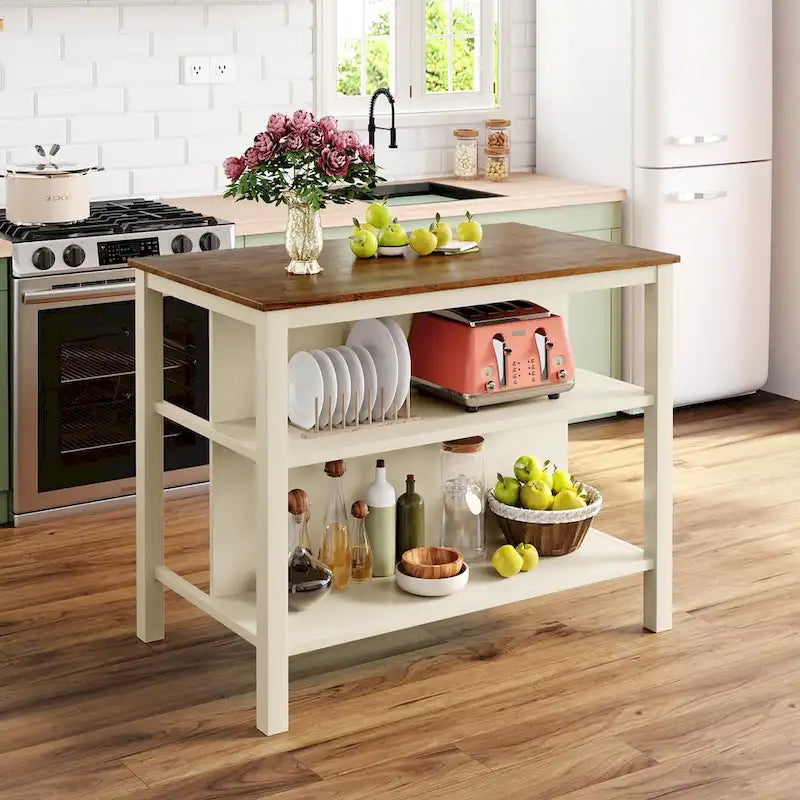Ensemble îlot de cuisine 3 pièces 45" avec 2 sièges, ensemble de table à manger bloc de boucher en bois d'hévéa, ensemble de table de préparation avec 2 étagères ouvertes