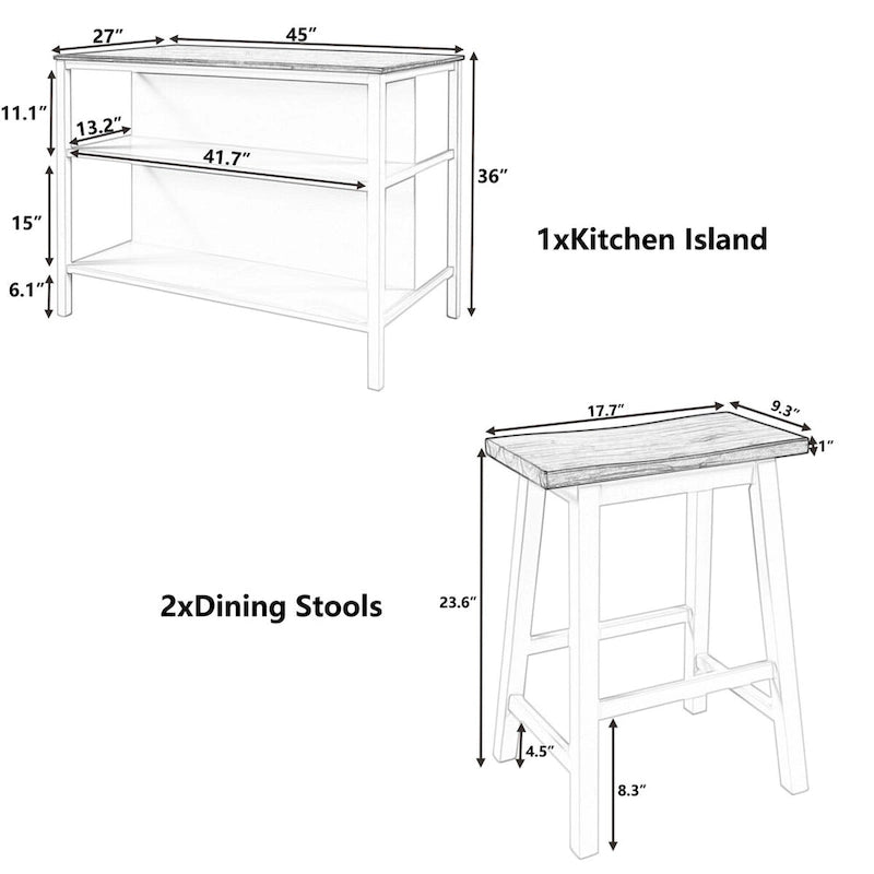 Ensemble îlot de cuisine 3 pièces 45" avec 2 sièges, ensemble de table à manger bloc de boucher en bois d'hévéa, ensemble de table de préparation avec 2 étagères ouvertes
