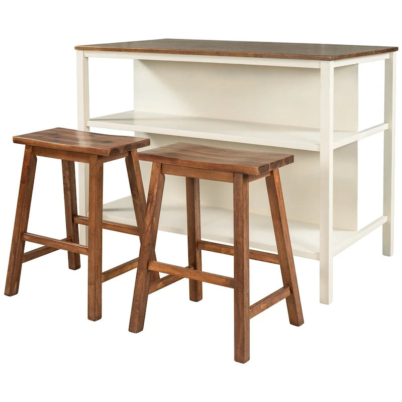 Ensemble îlot de cuisine 3 pièces 45" avec 2 sièges, ensemble de table à manger bloc de boucher en bois d'hévéa, ensemble de table de préparation avec 2 étagères ouvertes