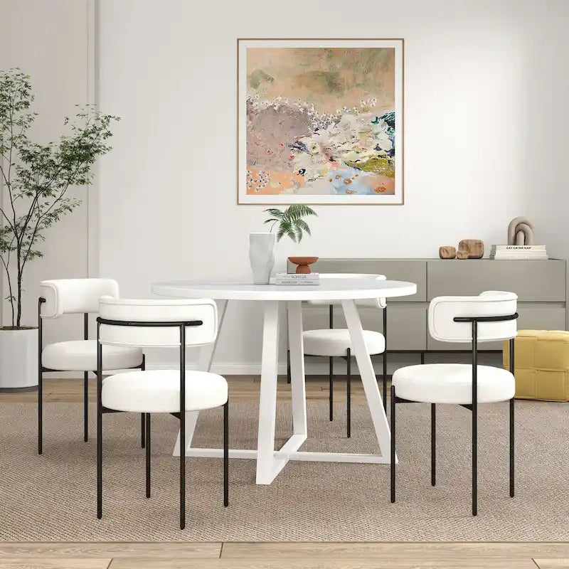Ensemble de salle à manger rond 5 pièces Roundhill Durban, table de salle à manger tréteau avec 4 chaises en bouclé