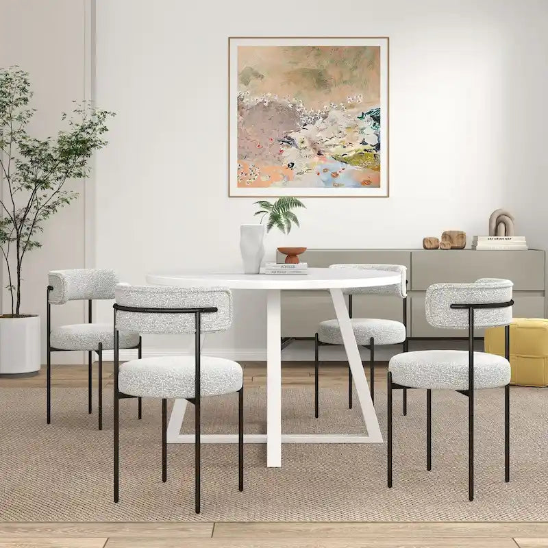 Ensemble de salle à manger rond 5 pièces Roundhill Durban, table de salle à manger tréteau avec 4 chaises en bouclé