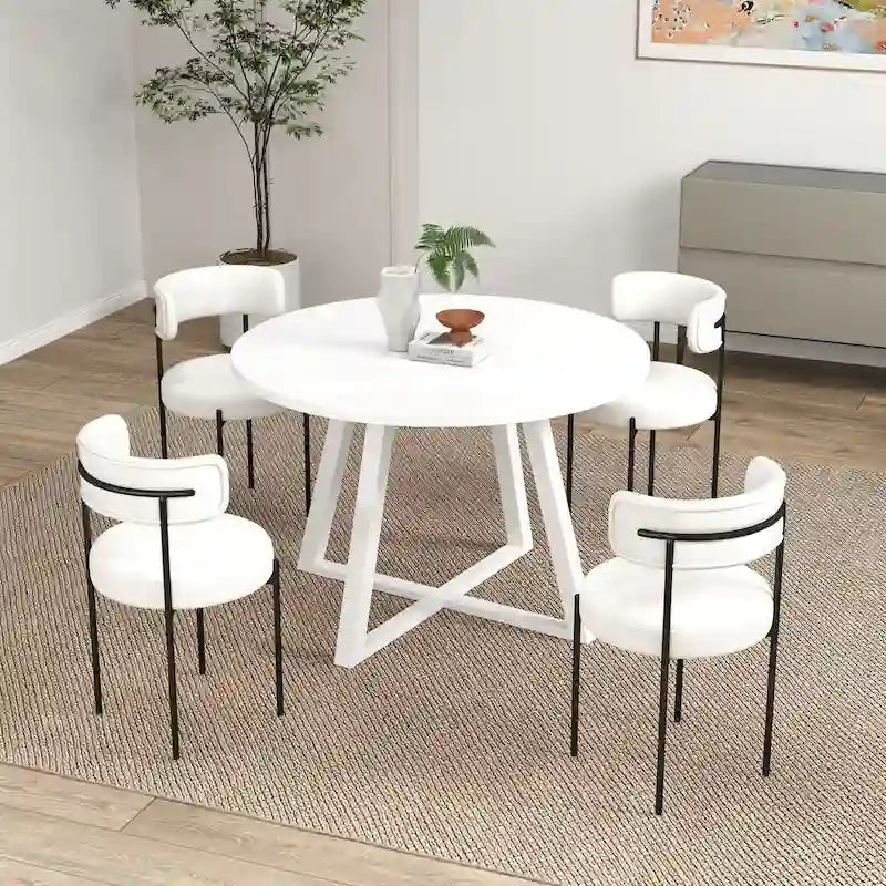 Ensemble de salle à manger rond 5 pièces Roundhill Durban, table de salle à manger tréteau avec 4 chaises en bouclé
