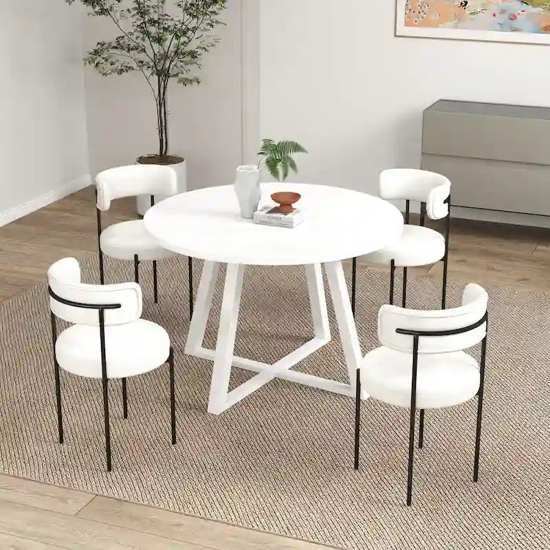 Ensemble de salle à manger rond 5 pièces, table de salle à manger à tréteaux avec 4 chaises en tissu bouclé