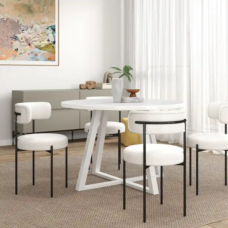 Ensemble de salle à manger rond 5 pièces, table de salle à manger à tréteaux avec 4 chaises en tissu bouclé