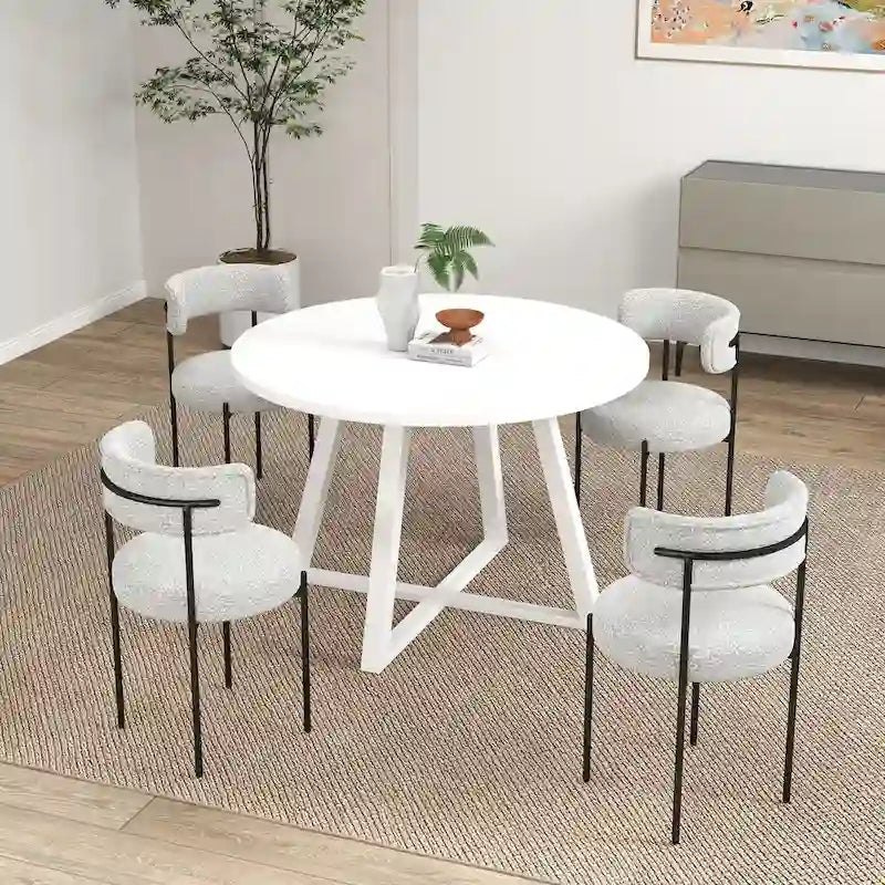 Ensemble de salle à manger rond 5 pièces, table de salle à manger à tréteaux avec 4 chaises en tissu bouclé
