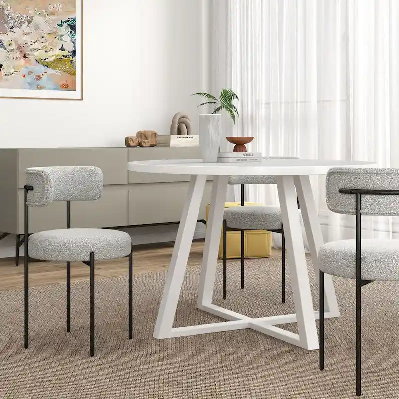 Ensemble de salle à manger rond 5 pièces, table de salle à manger à tréteaux avec 4 chaises en tissu bouclé
