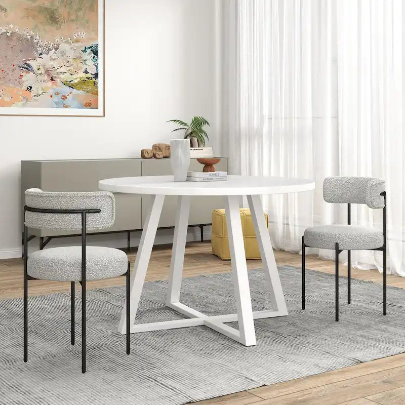 Ensemble de salle à manger rond 5 pièces, table de salle à manger à tréteaux avec 4 chaises en tissu bouclé