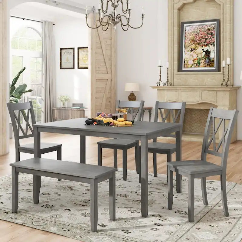 Ensemble de salle à manger 6 pièces en bois avec table, 4 chaises à dossier croisé et banc