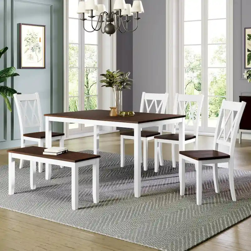 Ensemble de salle à manger 6 pièces en bois avec table, 4 chaises à dossier croisé et banc