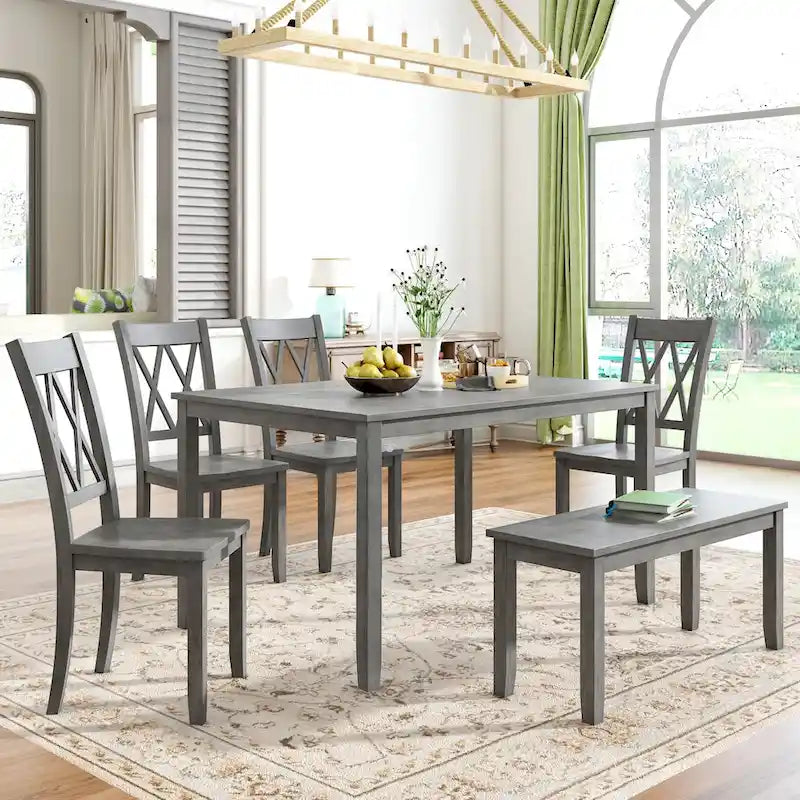 Ensemble de salle à manger 6 pièces en bois avec table, 4 chaises à dossier croisé et banc