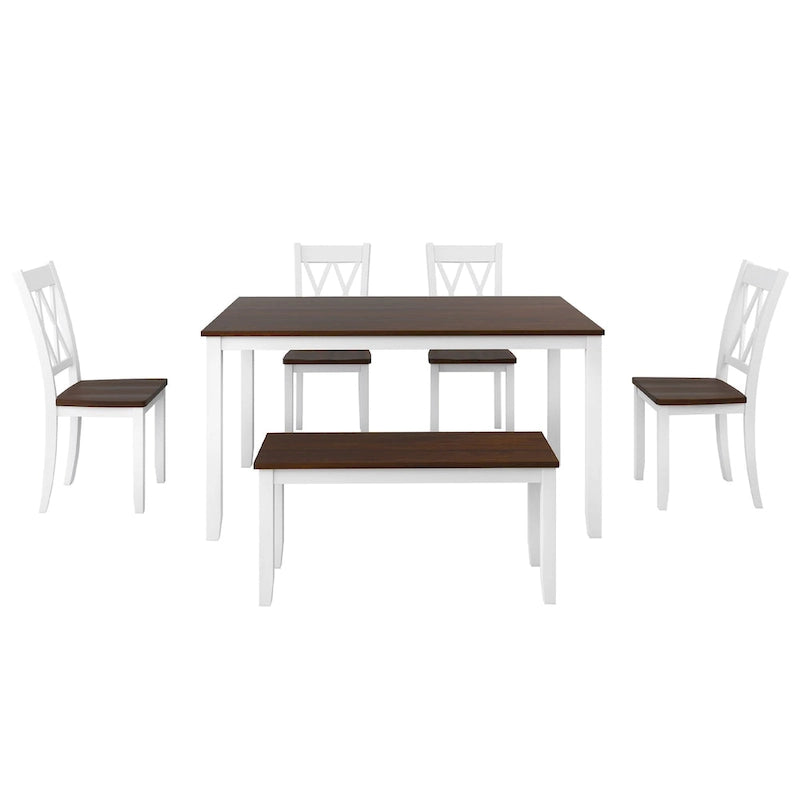 Ensemble de salle à manger 6 pièces en bois avec table, 4 chaises à dossier croisé et banc