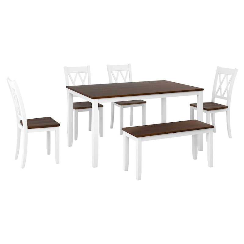 Ensemble de salle à manger 6 pièces en bois avec table, 4 chaises à dossier croisé et banc